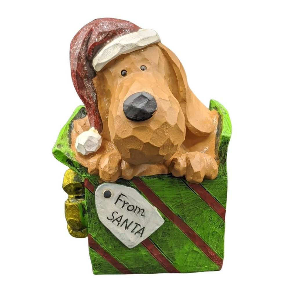 Christmas Puppy Dog wearing a Santa Hat Present From Santa Resin Xmas Figurine